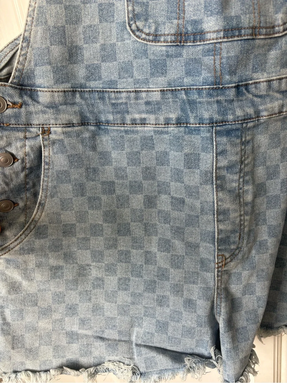 No Boundaries Light Blue Denim Overalls with Pink Logo Patch